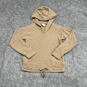 Freely Sweater Womens M Beige Hooded V Neck Knit Pullover Drawstring Pockets